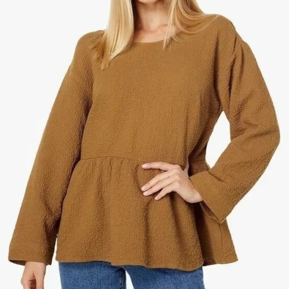 Madewell Brown Textured Peplum‎ Top Long Sleeve Tie Back NG940 Womens Medium NWT